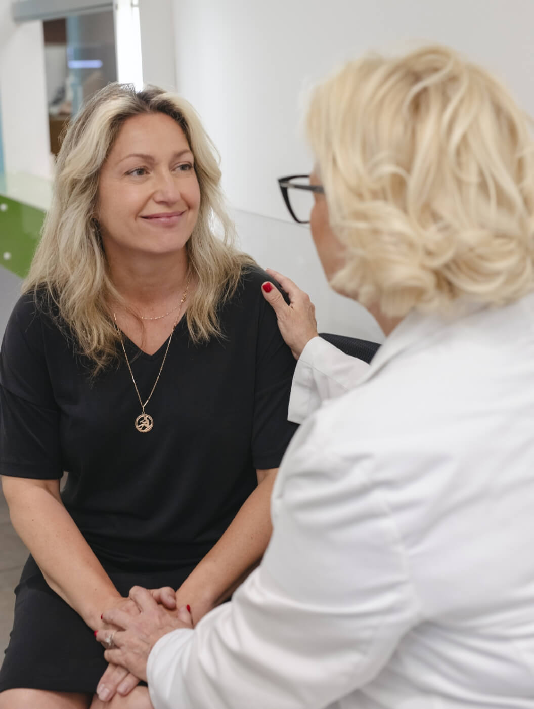 Two women engaged in a professional conversation.